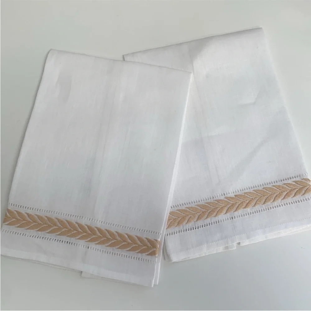Haute Home Linens White Linen Gold Beige Embroidered Guest Towel Set